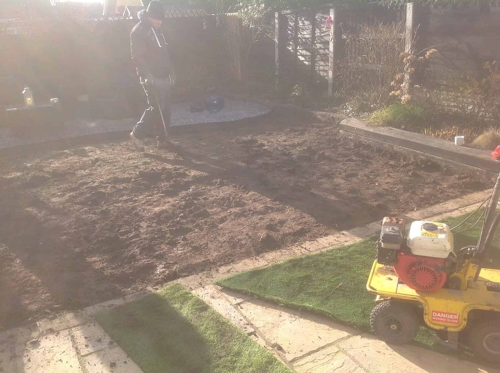 After removal of traditional lawn in preparation for artificial grass putting green